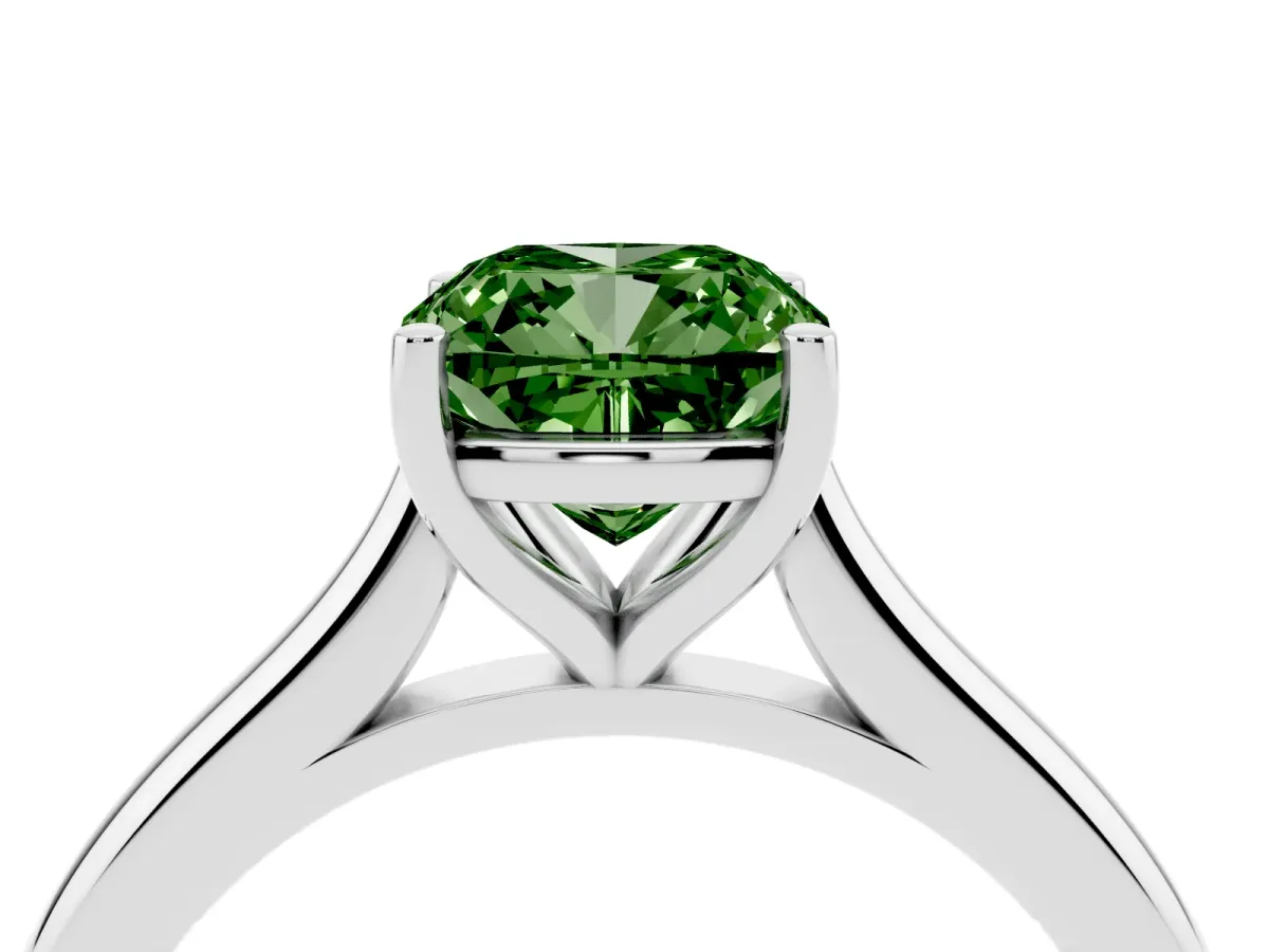 Fancy Green Cushion Cut Cut Solitaire Ring with Cathedral Band and Four-Prong Setting Silver
