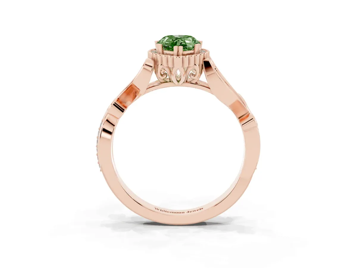 Fancy Green Pear Cut Diamond Halo Ring with Vintage Split Shank and Four-Prong Setting Rose gold