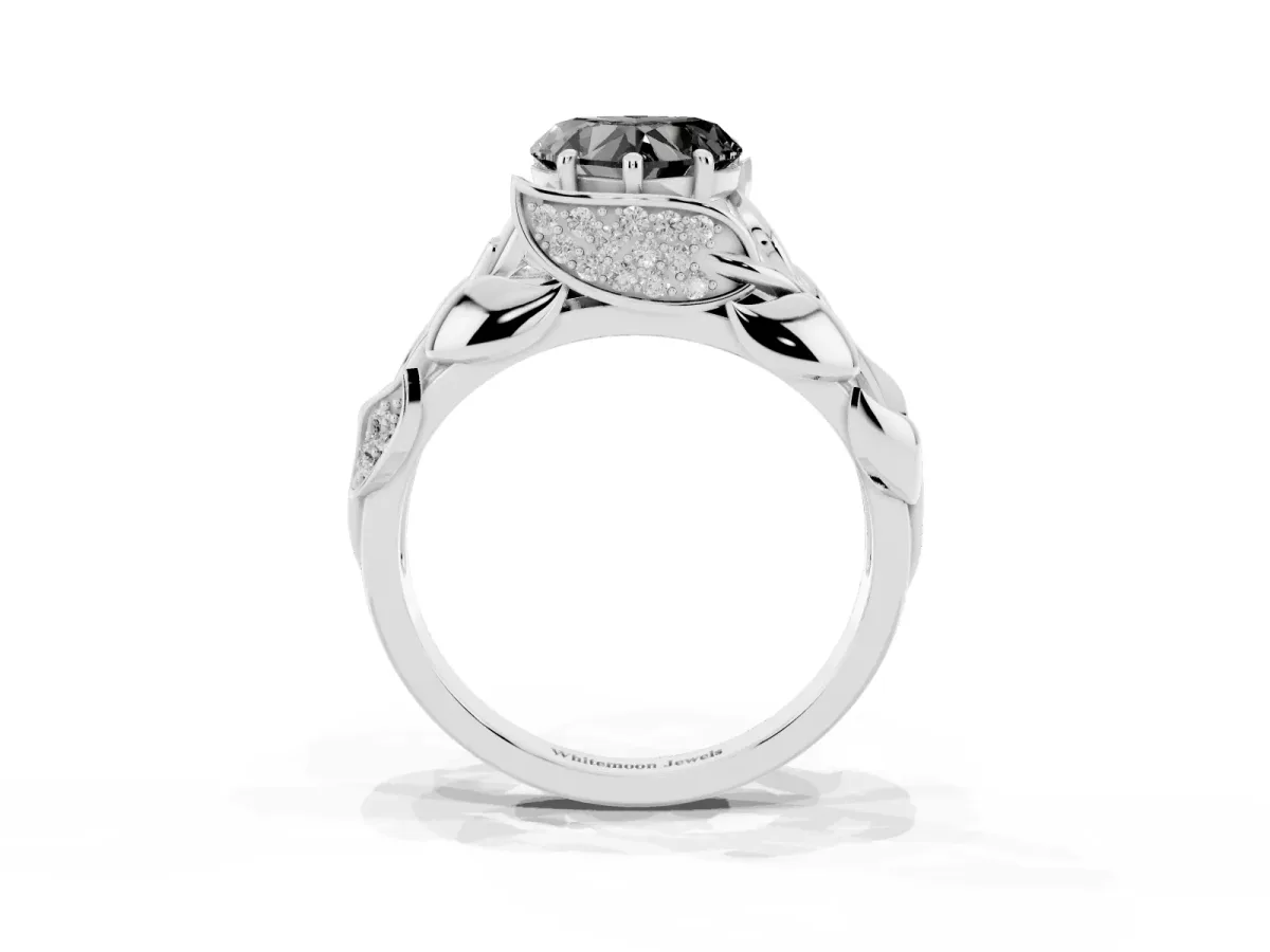Fancy Black Heart Cut Diamond Leaf-Inspired Engagement Ring with Round Accents and Prong Setting Silver