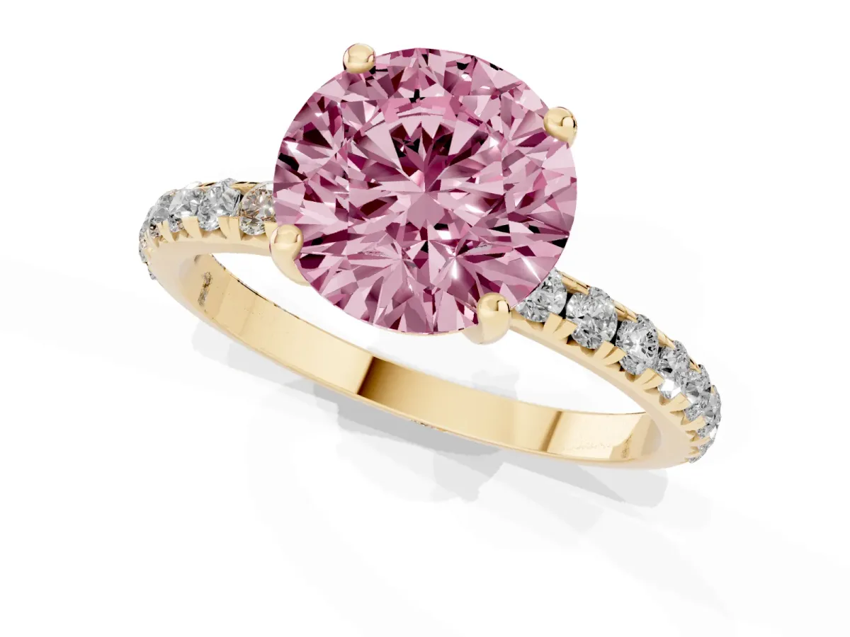 Fancy Pink Round Cut Cut Diamond Solitaire Ring with Micro Pave Band and Four Prong Setting Yellow gold