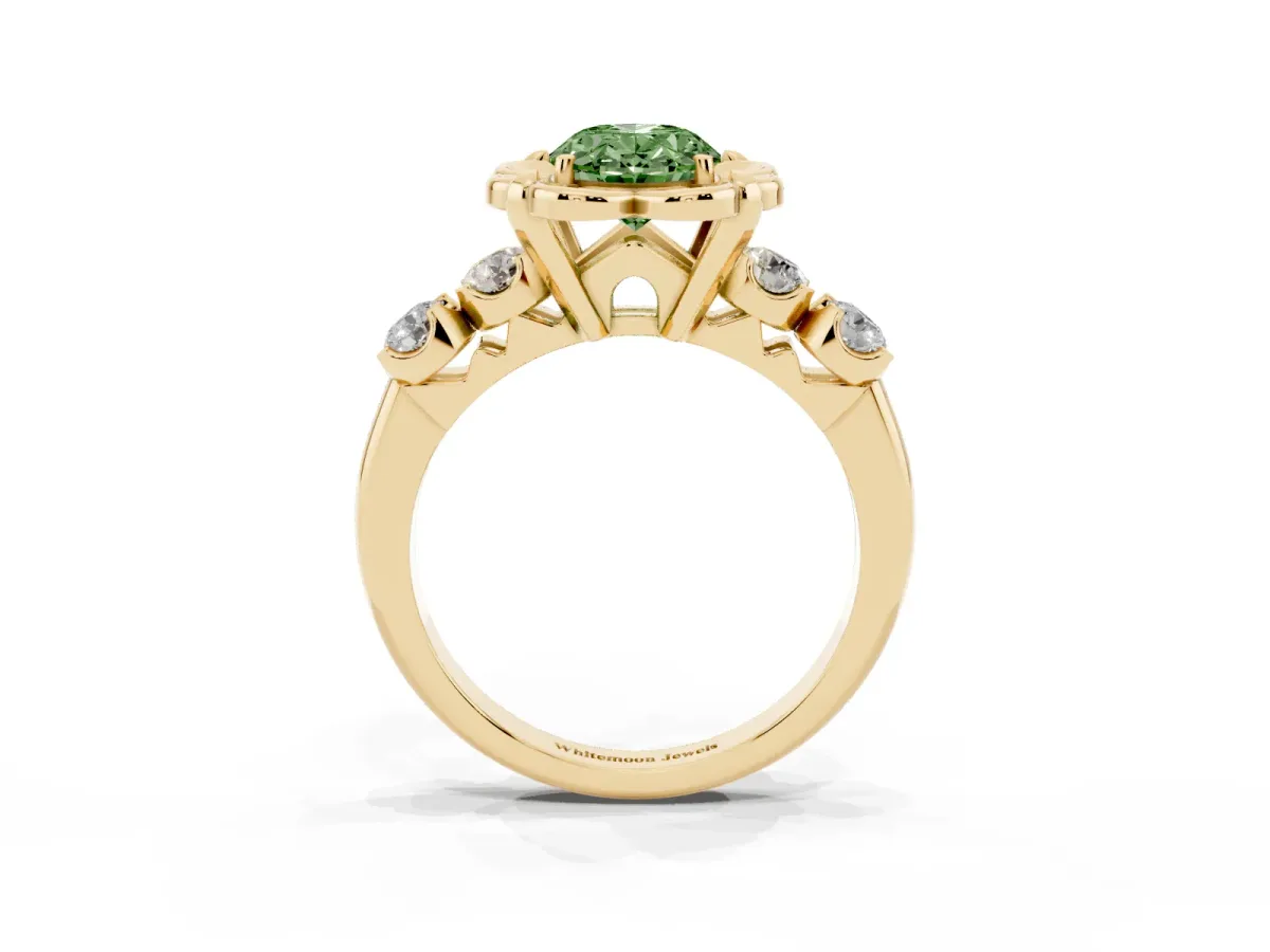 Fancy Green Oval Cut Cut Diamond Floral Halo Engagement Ring with Shared Prong Setting Yellow gold