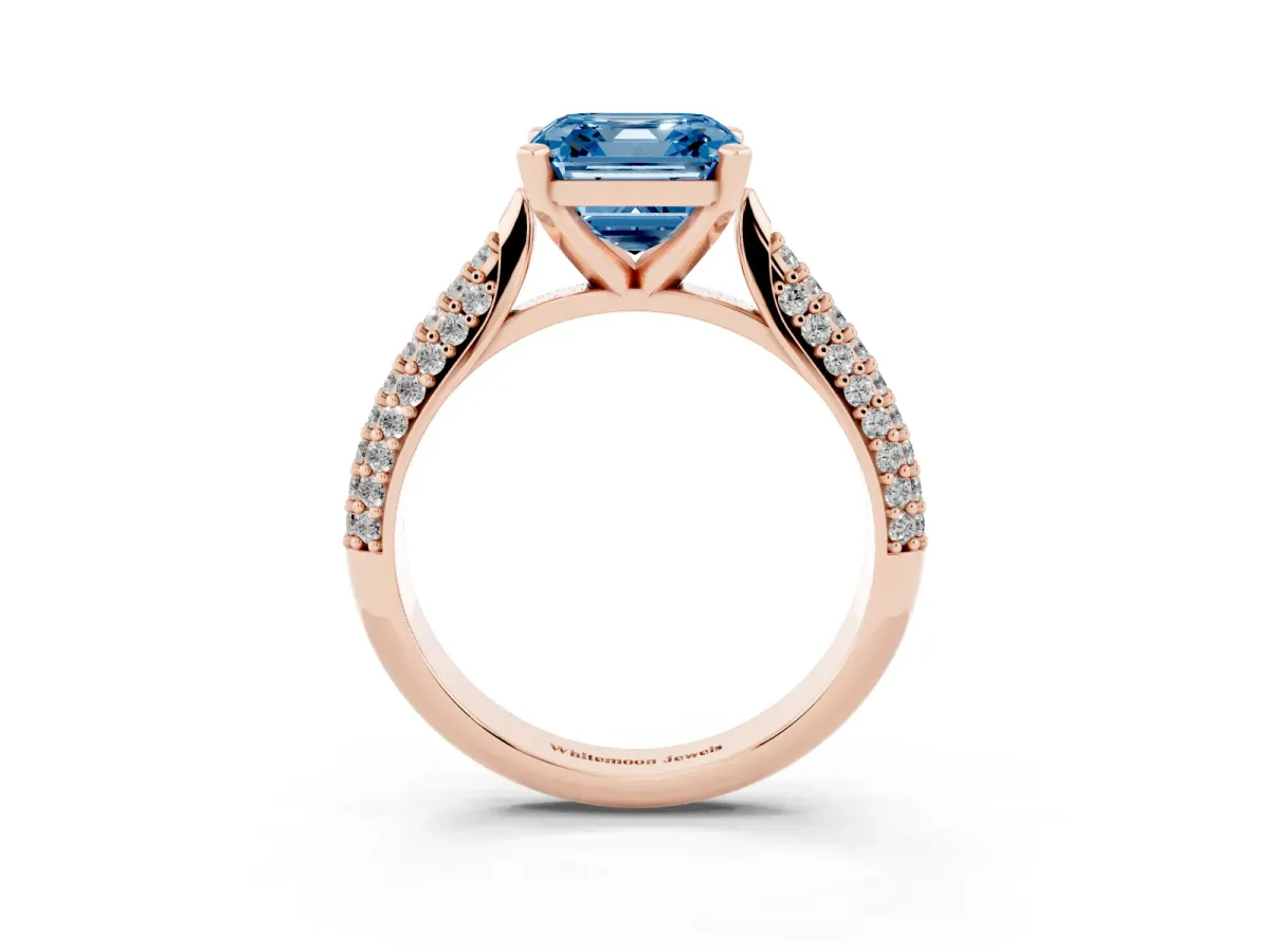 Fancy Blue Asscher Cut Diamond Solitaire Engagement Ring with Multi-Row Round Pavé Band and Prong Setting Rose gold