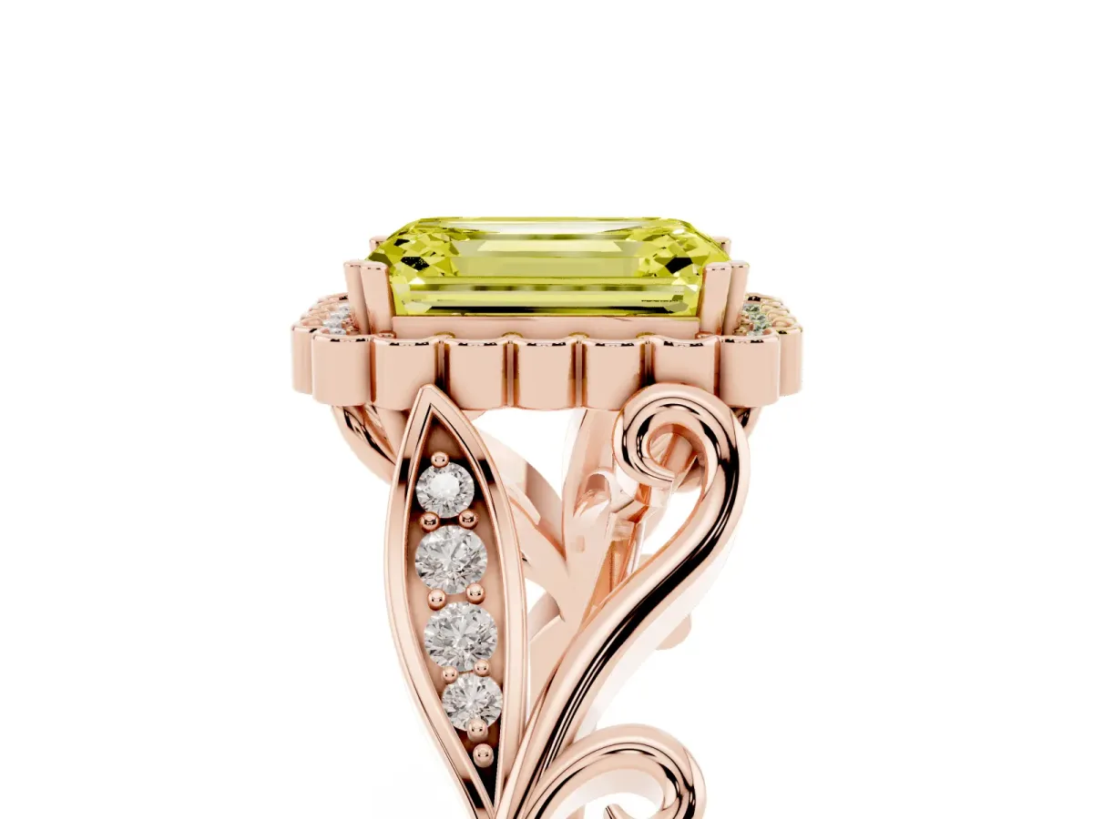 Fancy Yellow Emerald Cut Diamond Halo Ring with Vintage Split Shank and Four-Prong Setting Rose gold