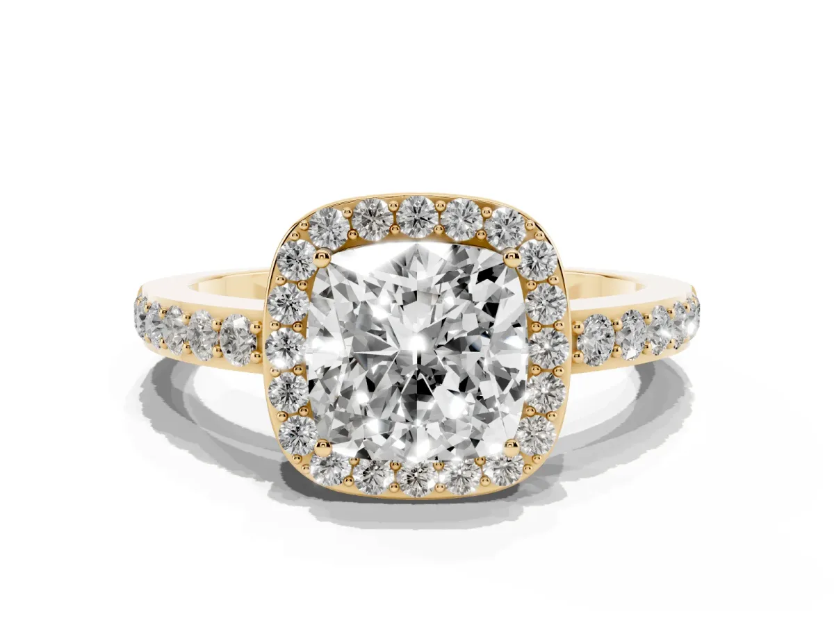 Cushion Cut Halo Diamond Pavé Band Ring with Prong Setting Yellow gold