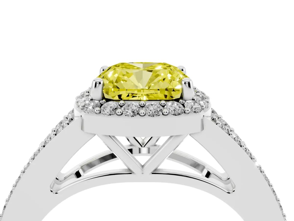 Fancy Yellow Cushion Cut Halo Split Shank Diamond Ring with Prong Setting Silver