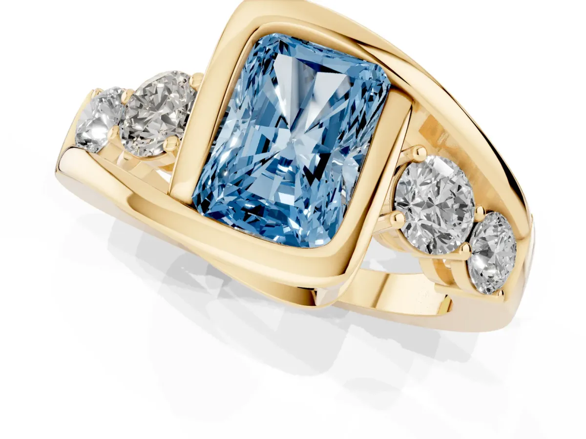 Fancy Blue Bezel Set Radiant Cut Diamond Bypass Ring with Round Accents Yellow gold