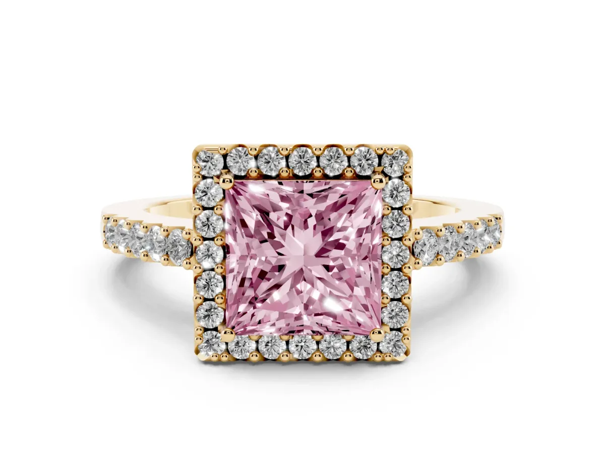 Fancy Pink Princess Cut Halo Diamond Pavé Solitaire Ring Yellow gold