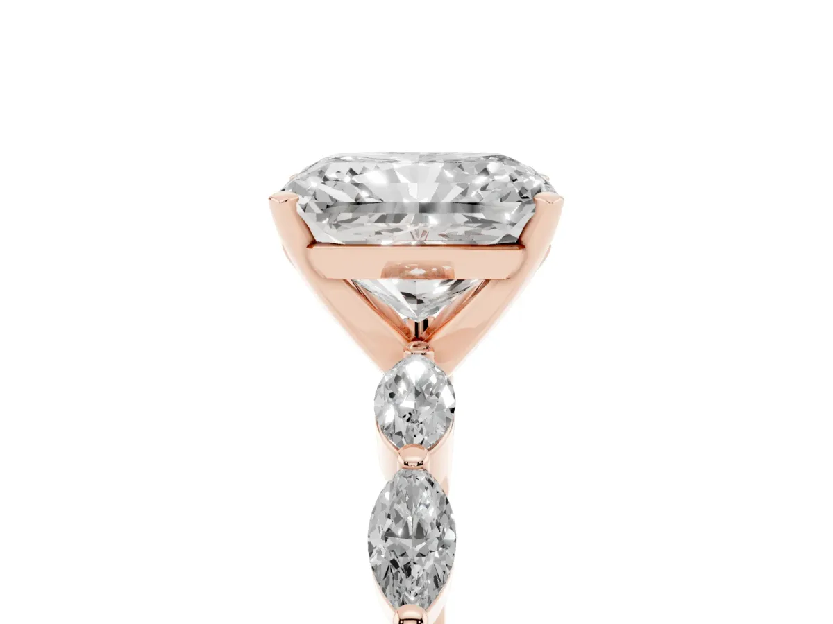 Radiant Cut Diamond Ring with Marquise Side Stones and Prong Setting Rose gold