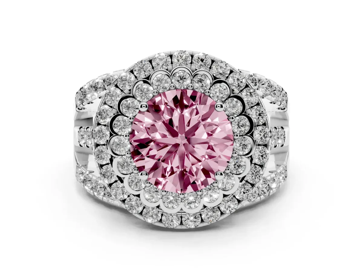Fancy Pink Round Cut Diamond Double Halo Ring with Round Pavé Split Shank and Prong Setting Silver
