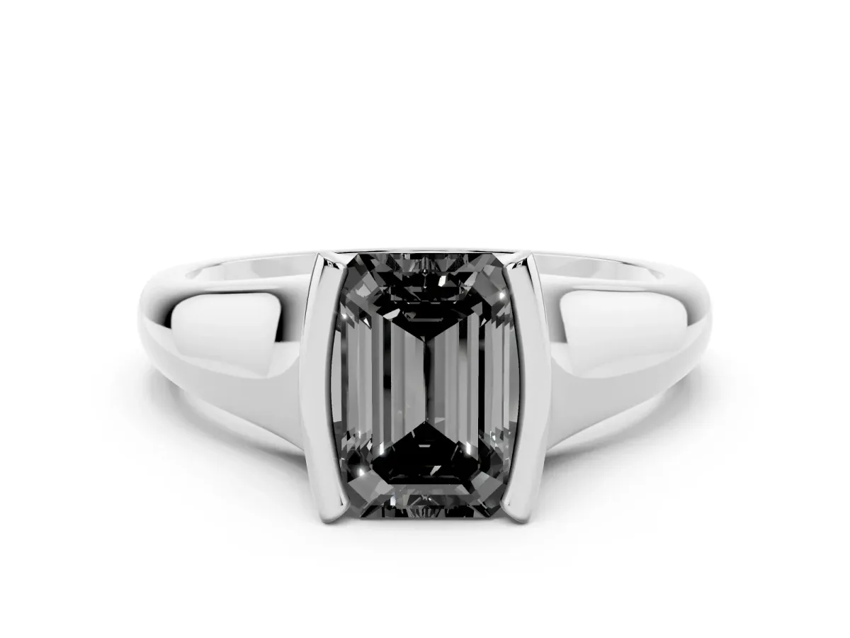 Fancy Black Emerald Cut Solitaire Tension Set Diamond Ring with Split Shank Band Platinum
