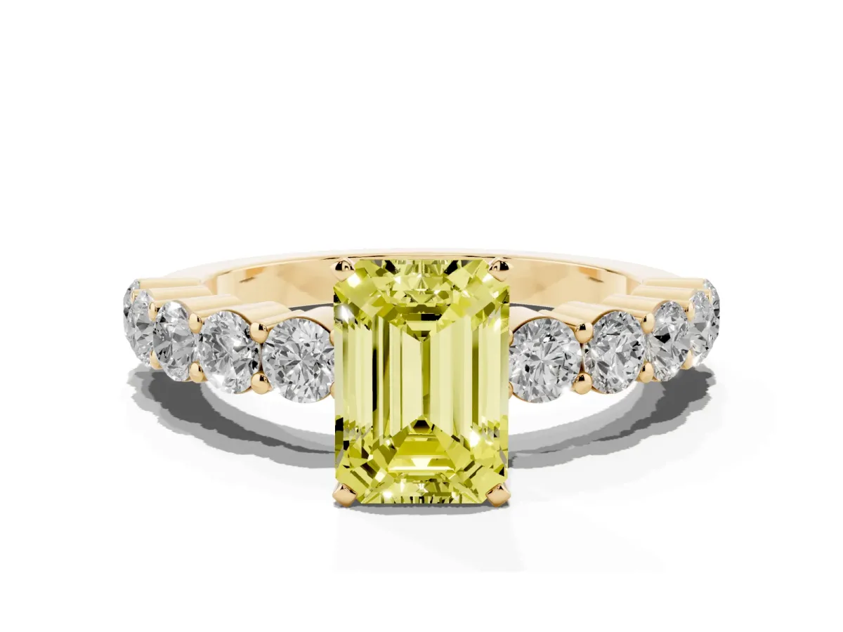 Fancy Yellow Emerald Cut Diamond Solitaire Ring with Shared Prong Round Side Stones Yellow gold