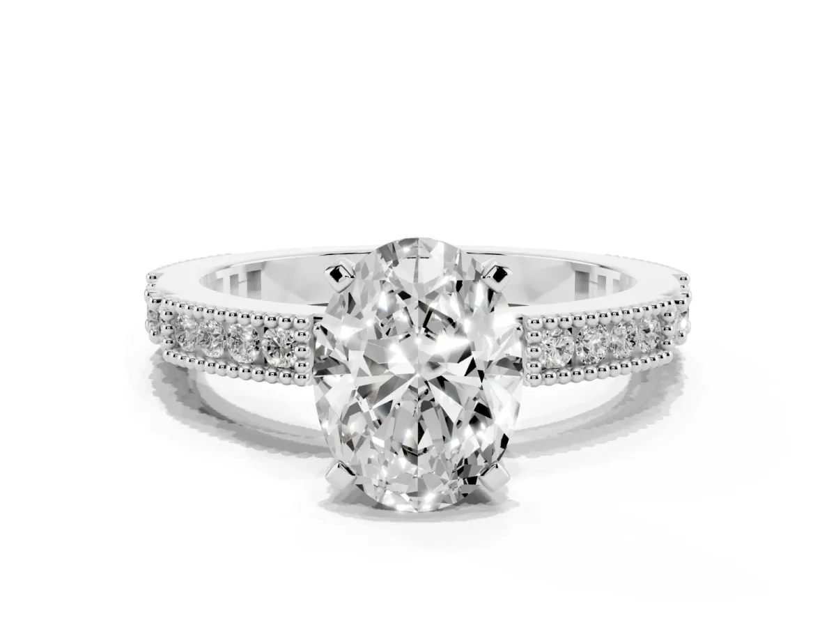Oval Cut Solitaire with Pavé Band and Four-Prong Setting Platinum