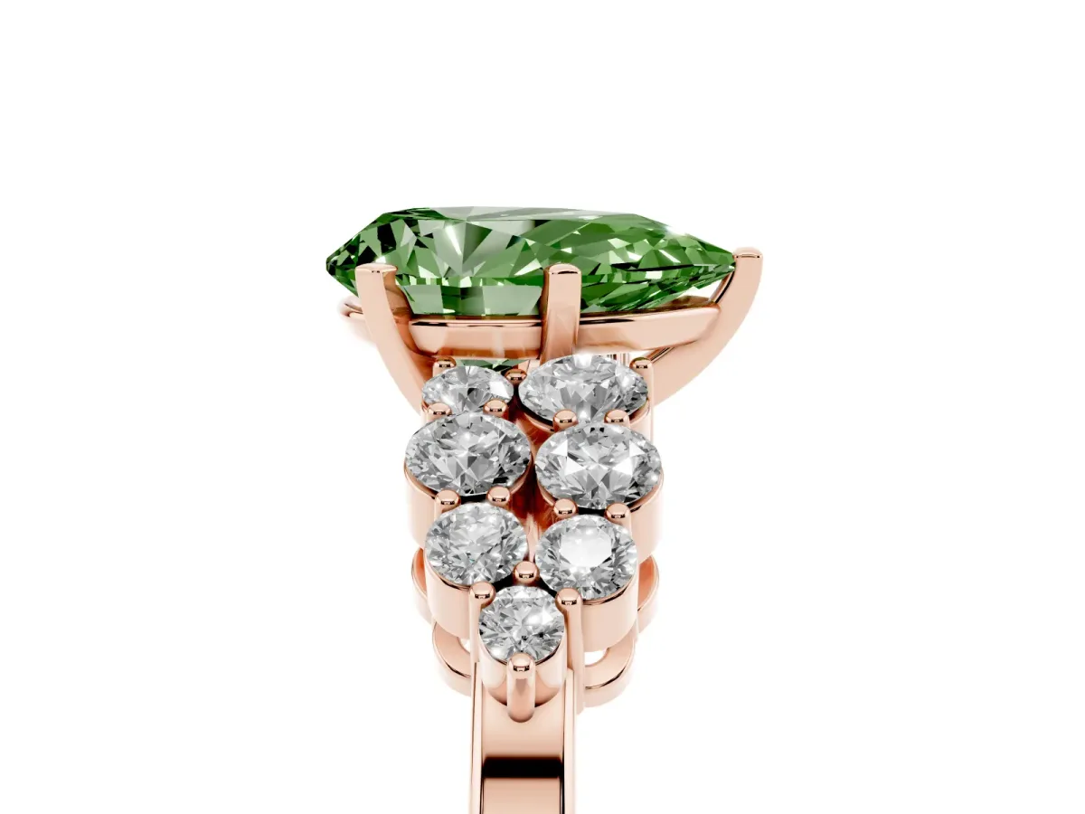 Fancy Green Pear Cut Cluster Diamond Engagement Ring with Pavé Band and Four-Prong Setting Rose gold