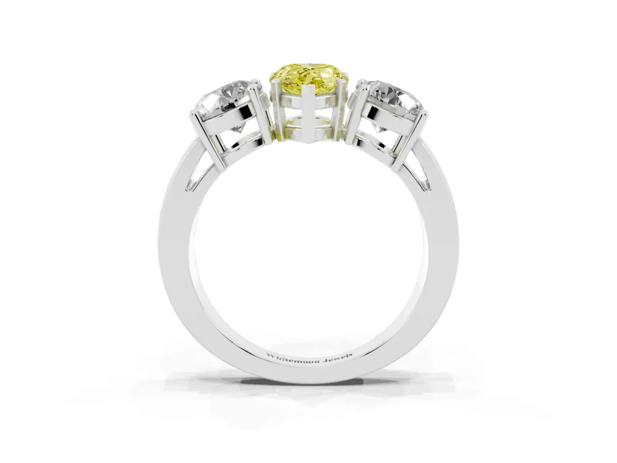 Fancy Yellow Three-Stone Pear Cut Diamond Ring with Round Side Stones, Classic Band, and Four-Prong Setting Platinum