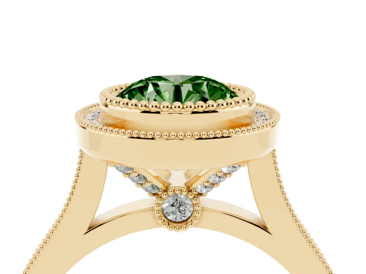 Fancy Green Round Cut Diamond Halo Ring with Milgrain Frame and Pavé Band Yellow gold