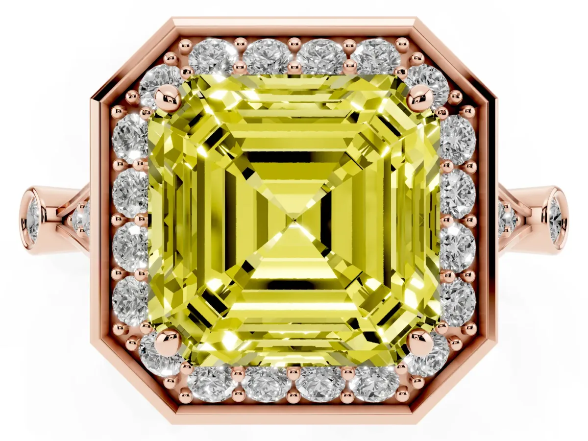 Fancy Yellow Asscher Cut Halo Diamond Engagement Ring with Twisted Band and Four-Prong Setting Rose gold