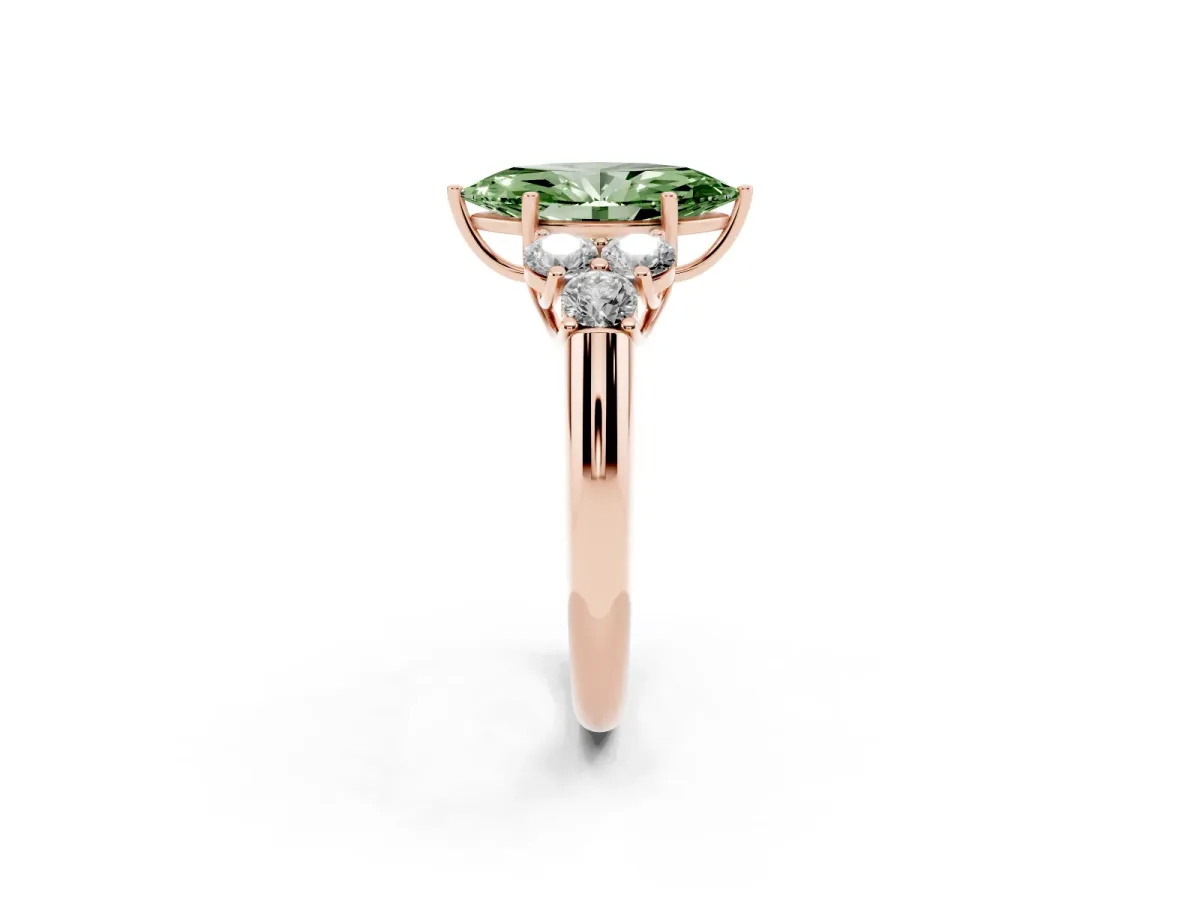 Fancy Green Marquise Cut Cut Diamond Cluster Ring with Round Accent Stones and Prong Setting on a Classic Band Rose gold