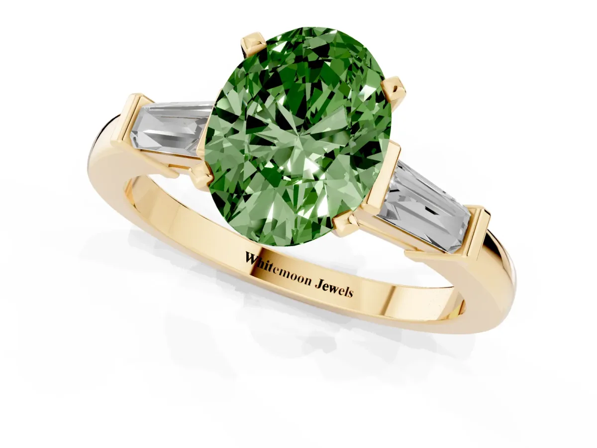 Fancy Green Oval Cut Cut Diamond Solitaire Ring with Tapered Baguette Accents and Four-Prong Setting Yellow gold