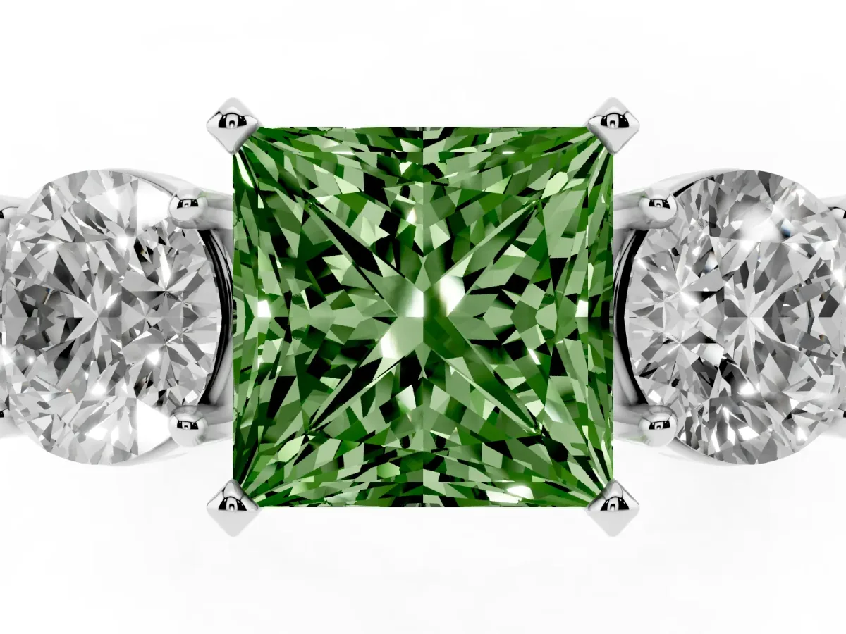 Fancy Green Three-Stone Princess Cut Diamond Ring with Round Side Stones, Classic Band, and Four-Prong Setting Silver