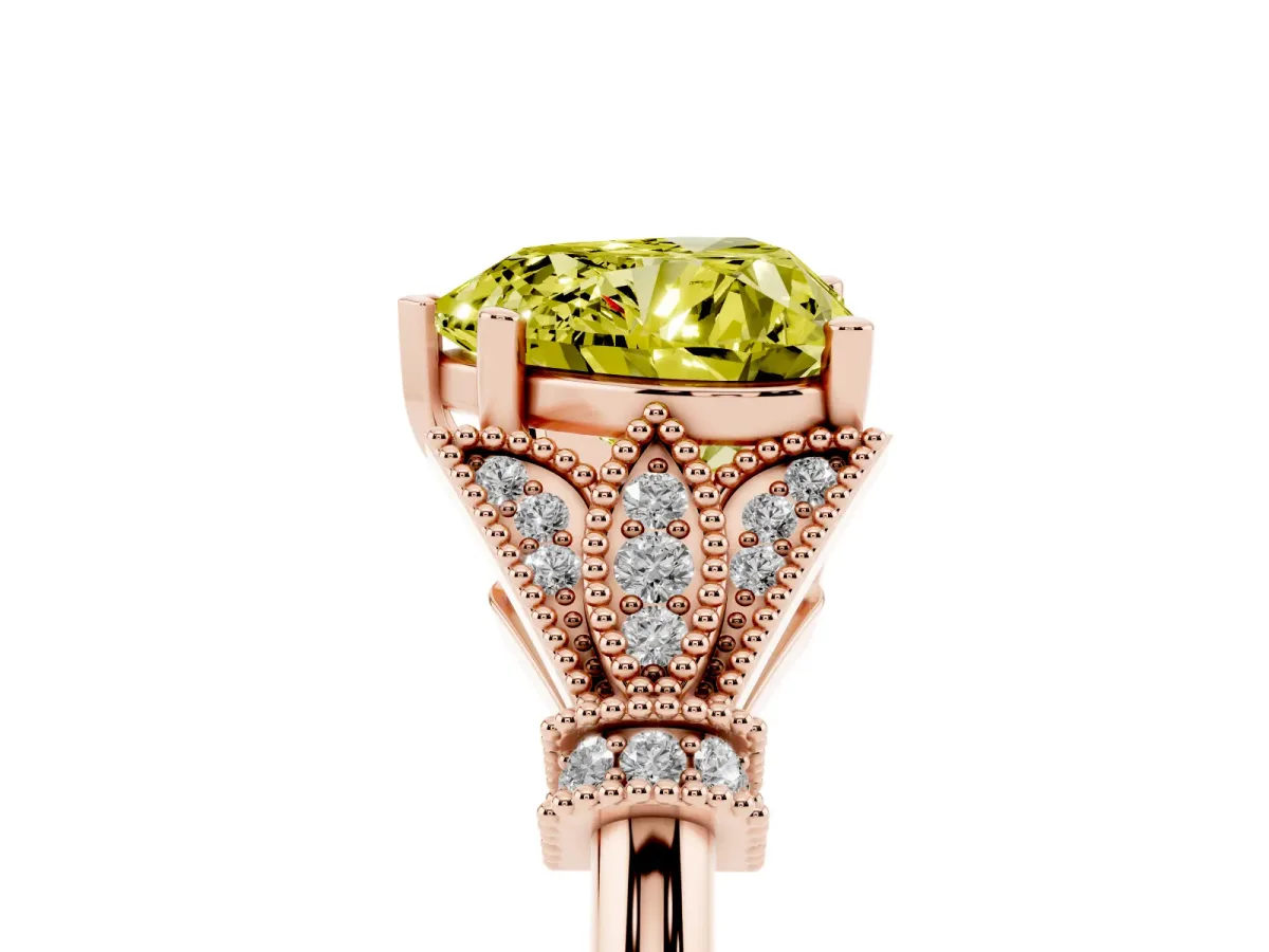 Fancy Yellow Heart Cut Diamond Solitaire Ring with Floral Filigree and Pave Accents Rose gold