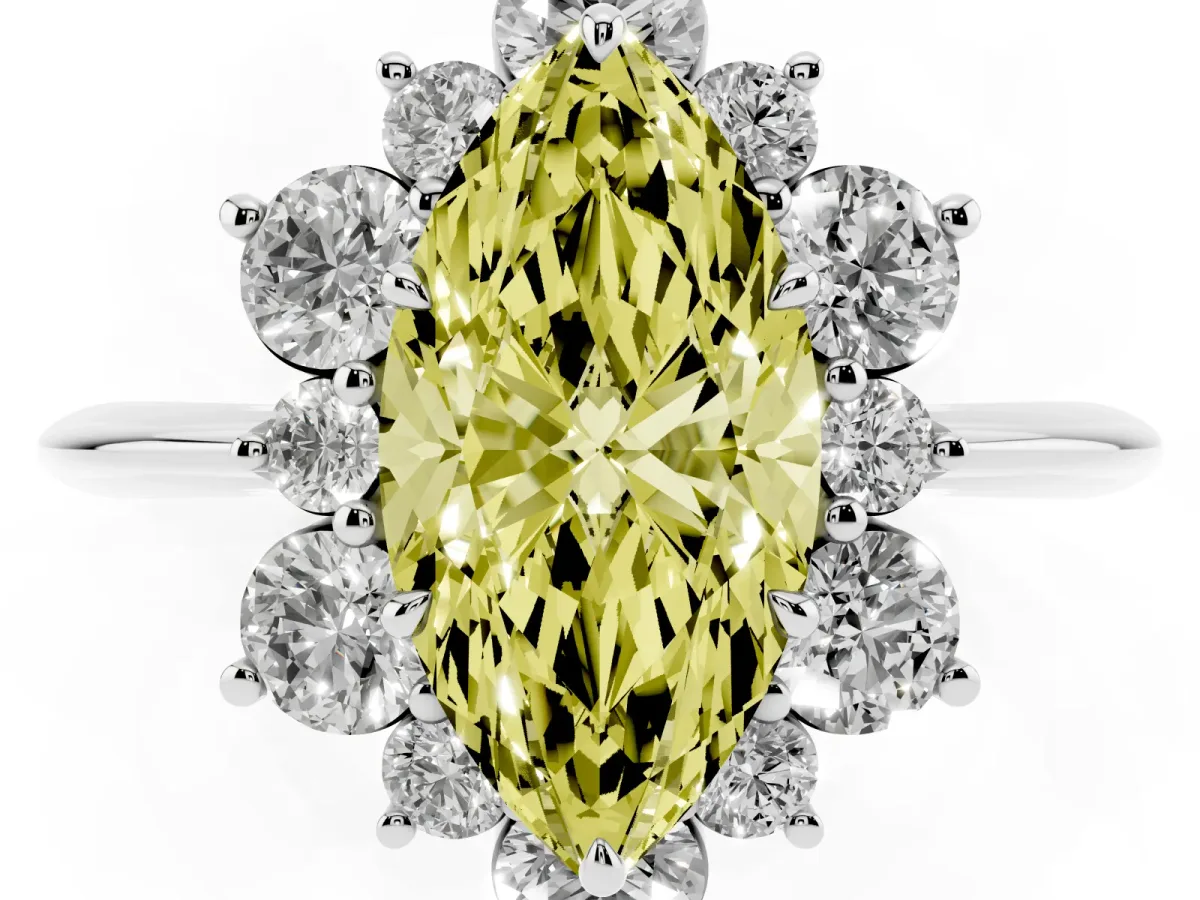 Fancy Yellow Marquise Cut Diamond Cluster Halo Ring with Solitaire Band and Four-Prong Setting Silver