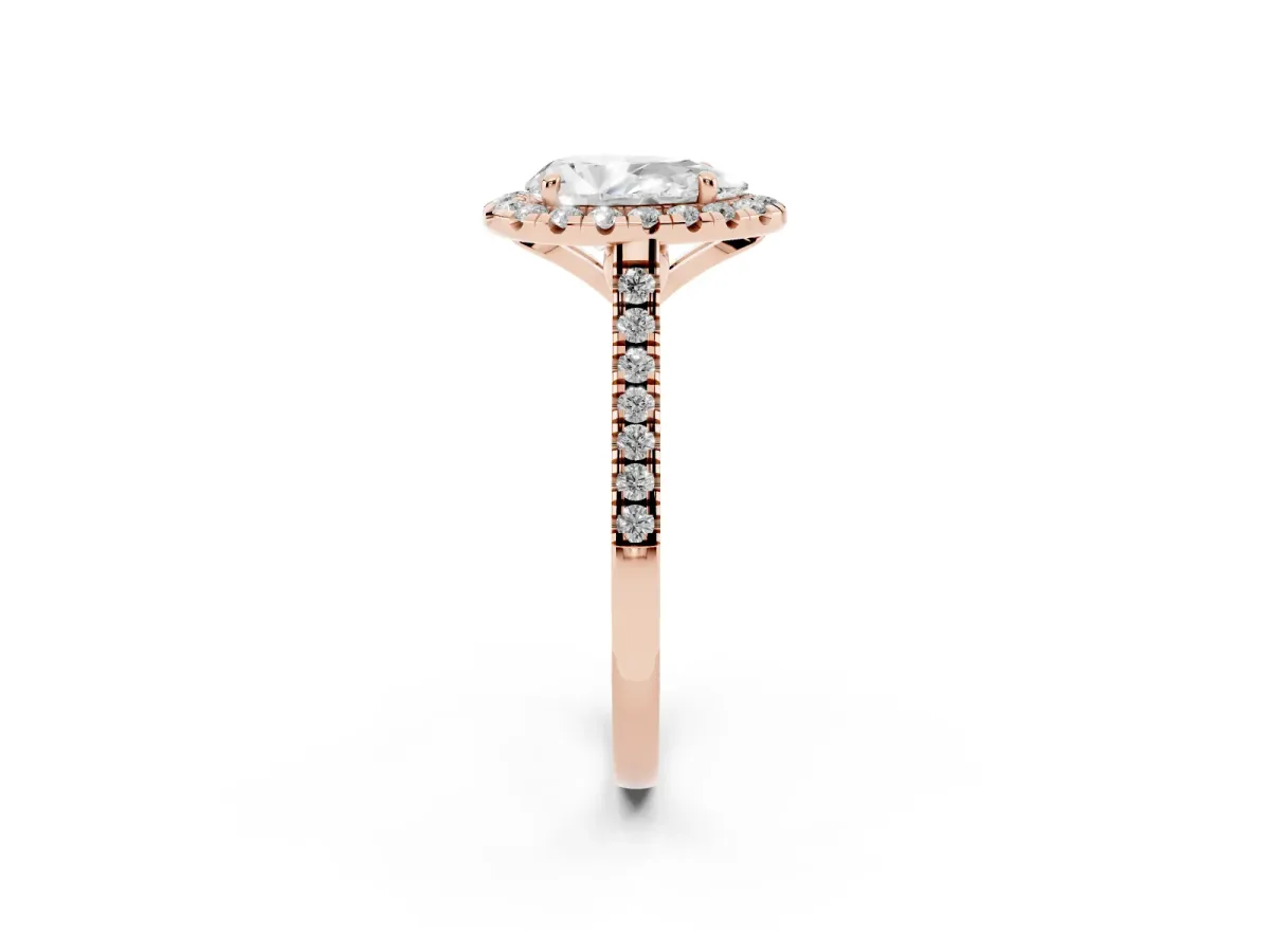 Pear Cut Diamond Cushion Halo Ring with Pavé Band Rose gold