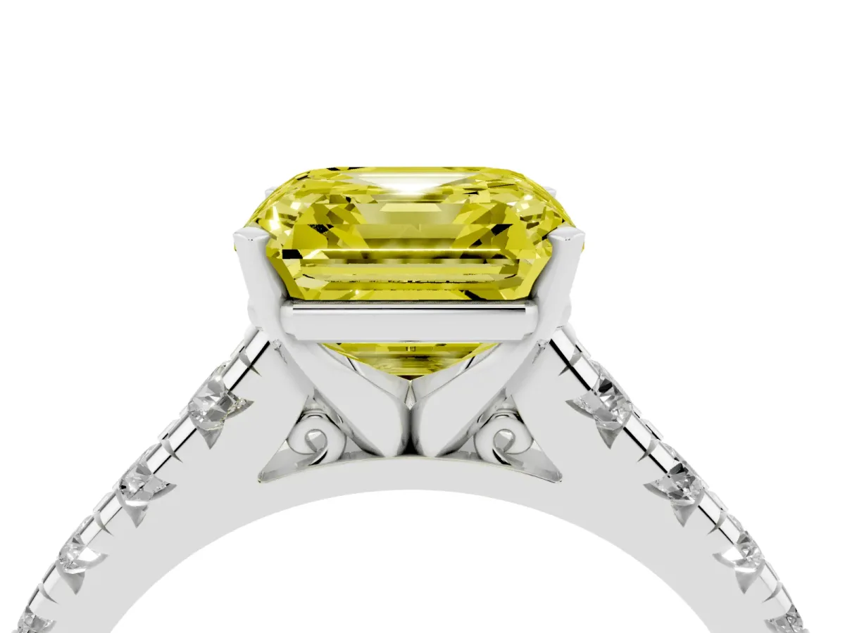 Fancy Yellow Asscher Cut Diamond Cathedral Solitaire Ring with Round Pavé Band Silver