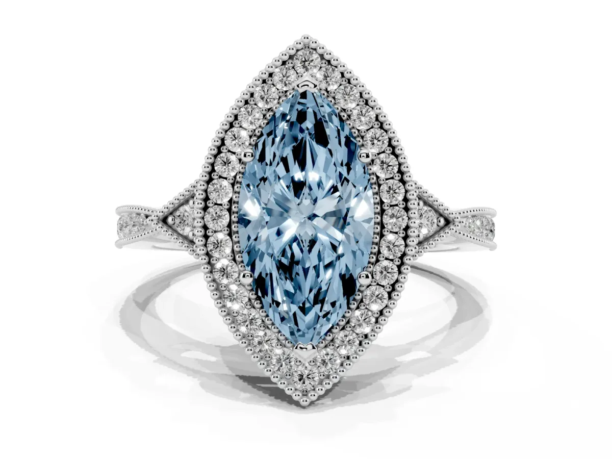 Fancy Blue Marquise Cut Halo Round Diamond Milgrain Pave Engagement Ring Silver