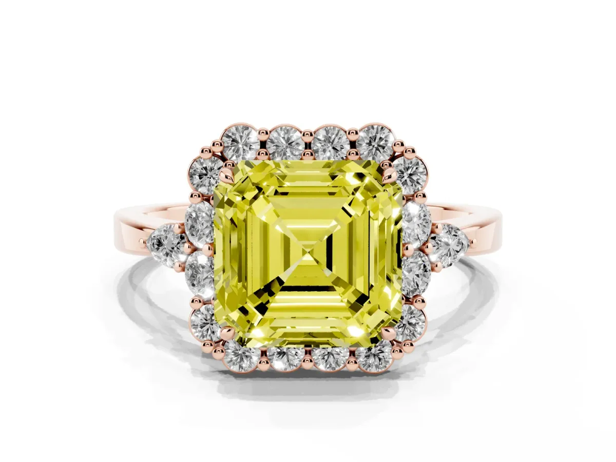 Fancy Yellow Asscher Cut Diamond Halo Ring with Pear Side Stones and Prong Setting Rose gold