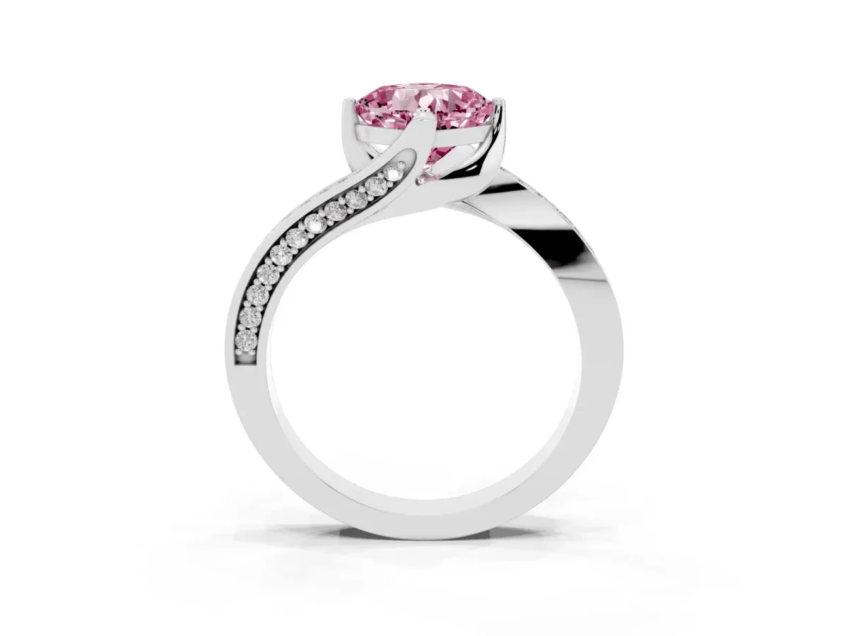 Fancy Pink Cushion Cut Solitaire Diamond Twist Band with Pavé Setting and Four-Prong Setting Silver