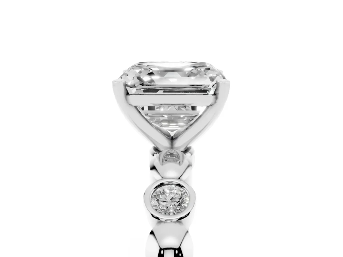 Asscher Cut Solitaire Bezel-Set Diamond Ring with Beaded Band and Four-Prong Setting Platinum