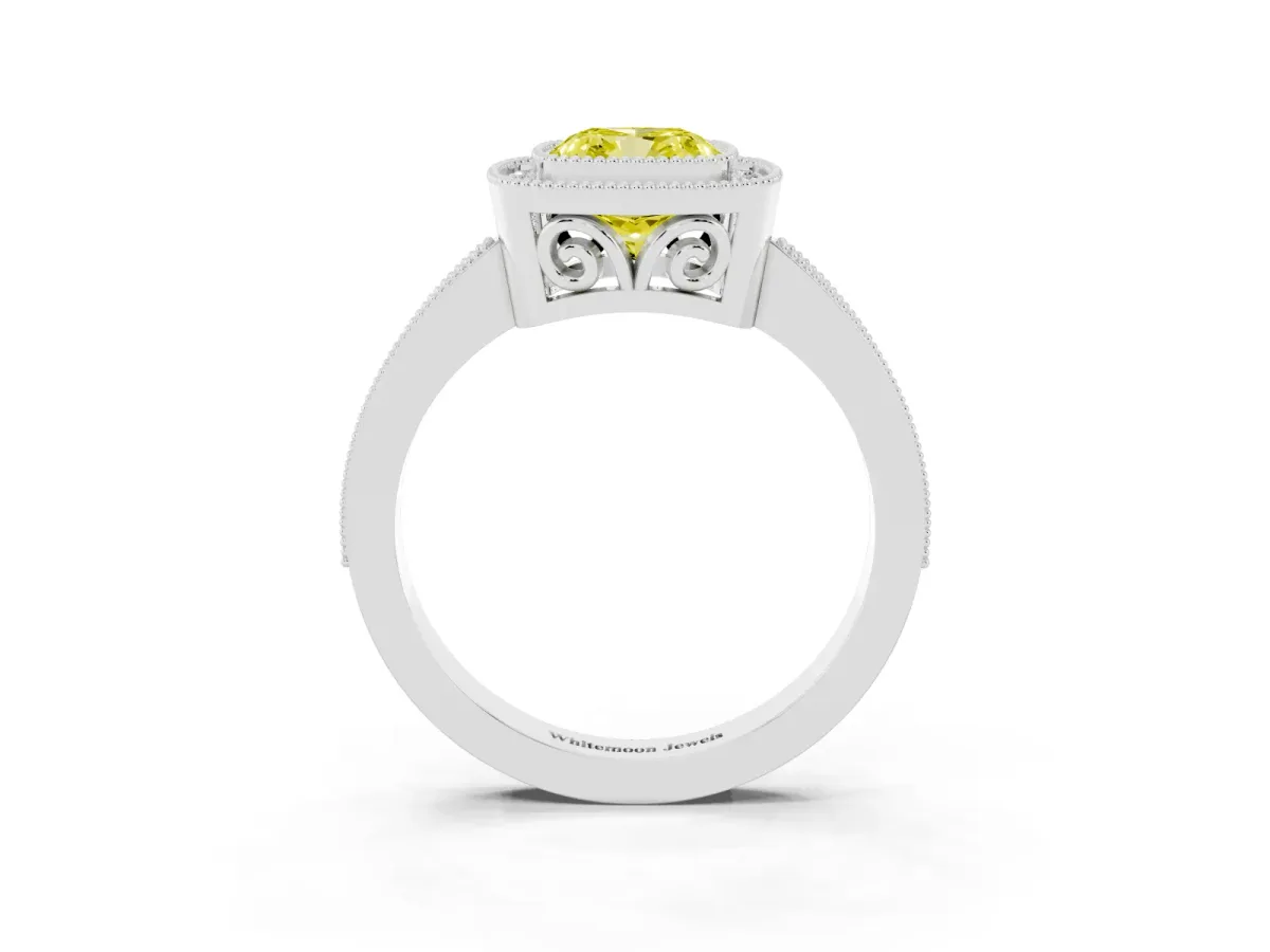 Fancy Yellow Cushion Cut Cut Halo Diamond Ring with Pavé Band and Milgrain Prong Setting Platinum