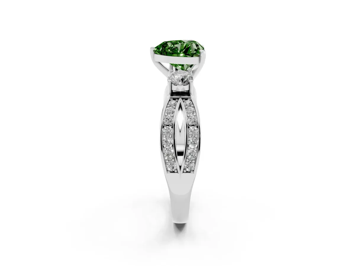 Fancy Green Three-Stone Heart Cut Cut Diamond Twist Band with Prong Setting Silver