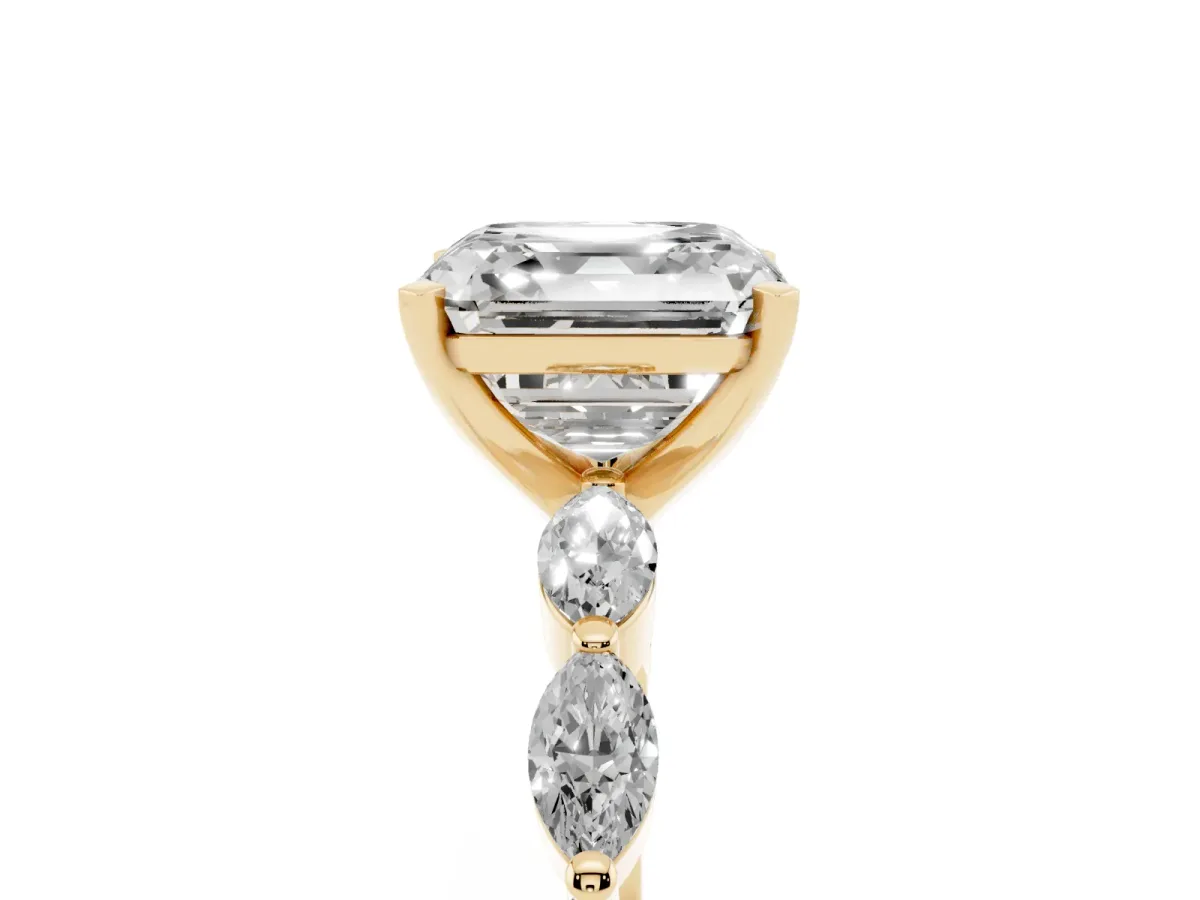 Asscher Cut Diamond Ring with Marquise Side Stones and Prong Setting Yellow gold