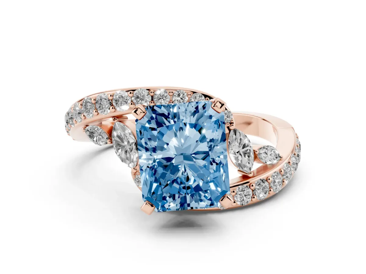 Fancy Blue Radiant Cut Solitaire with Pavé Twist Band and Four-Prong Setting Rose gold