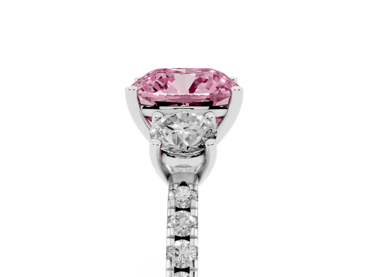 Fancy Pink Three-Stone Cushion Cut Cut Diamond Pavé Band with Prong Setting Platinum
