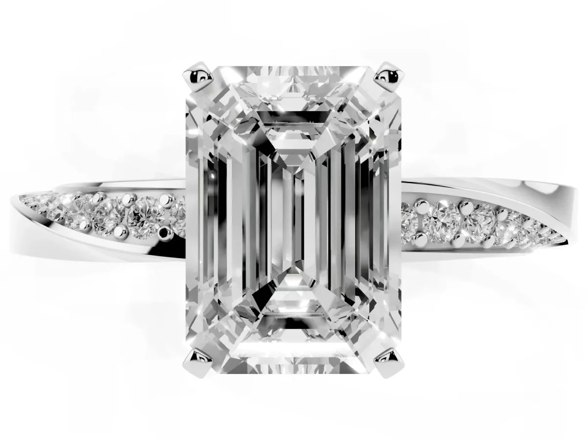 Emerald Cut Diamond Engagement Ring with Side Stone Accents and Four-Prong Setting Silver