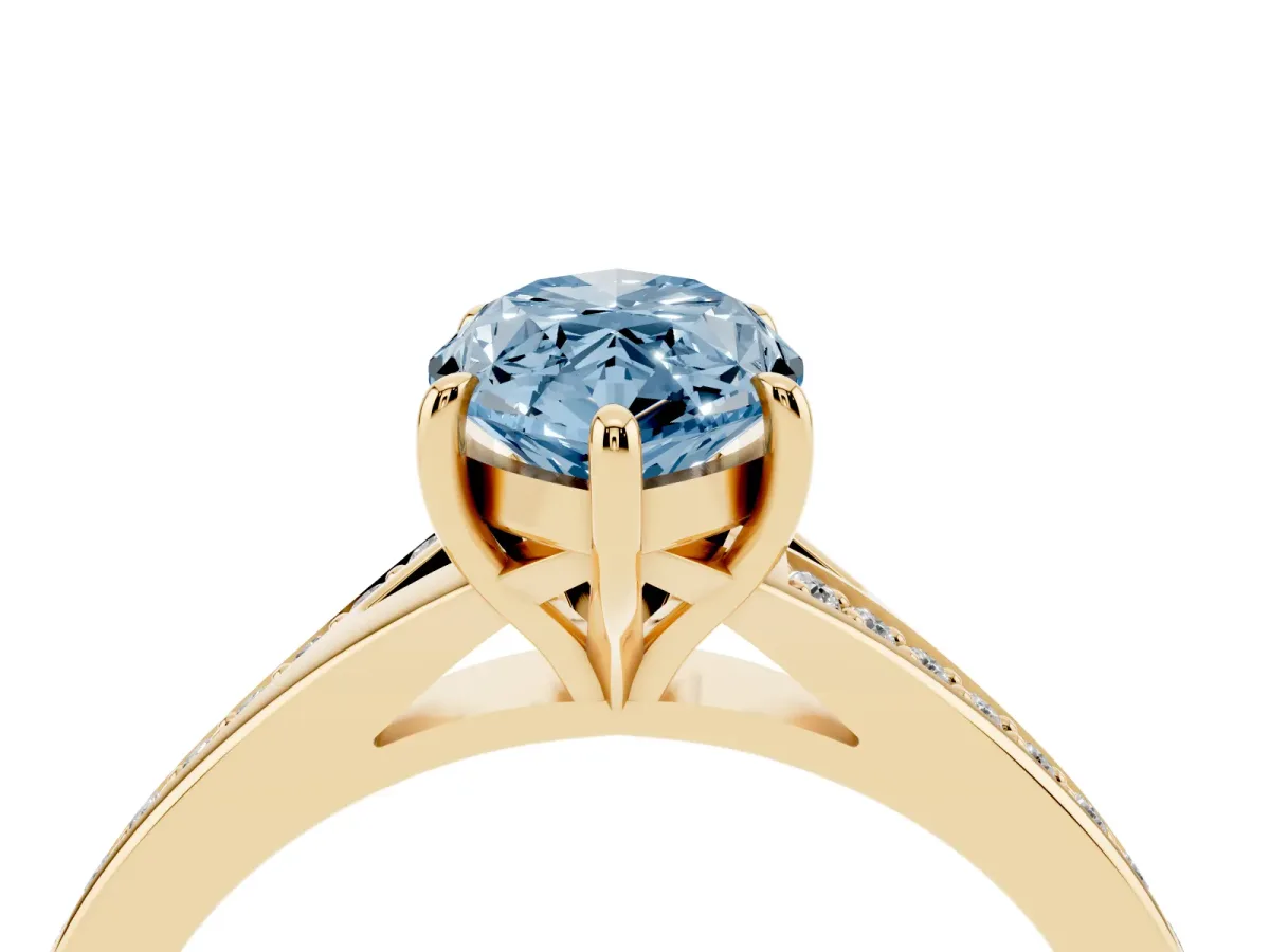 Fancy Blue Marquise Cut Diamond Solitaire Ring with Pavé Band and Prong Setting Yellow gold