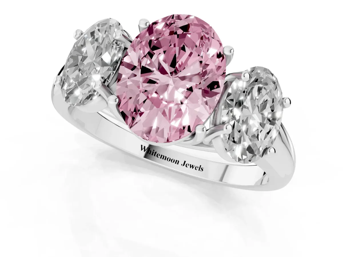 Fancy Pink Three-Stone Oval Cut Diamond Engagement Ring with Prong Setting White gold