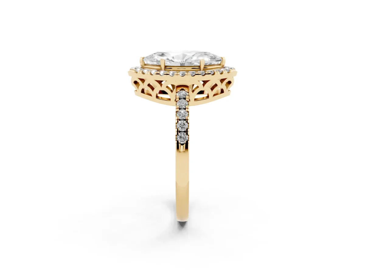 Marquise Cut Halo Diamond Engagement Ring with Pavé Band and Four-Prong Setting Yellow gold