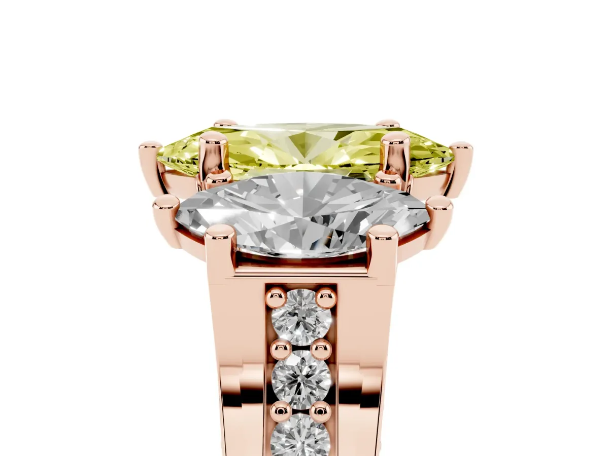Fancy Yellow Marquise Cut Diamond Three-Stone Ring with Channel Set Band and Four-Prong Setting Rose gold