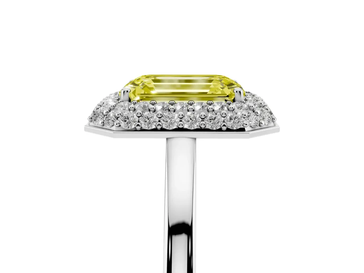 Fancy Yellow Emerald Cut Halo Diamond Engagement Ring with Solitaire Band and Four-Prong Setting Silver