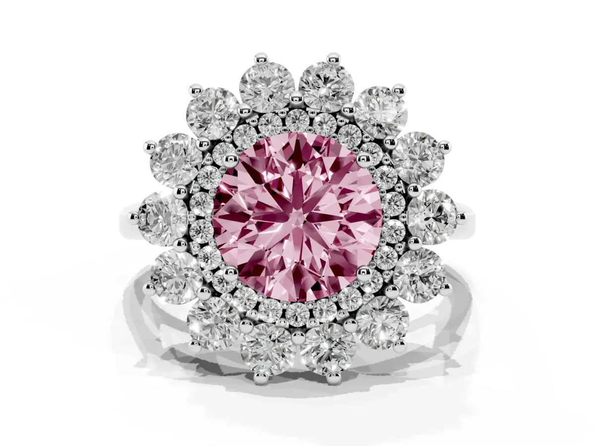 Fancy Pink Round Cut Diamond Floral Double Halo Engagement Ring with Prong Setting Silver