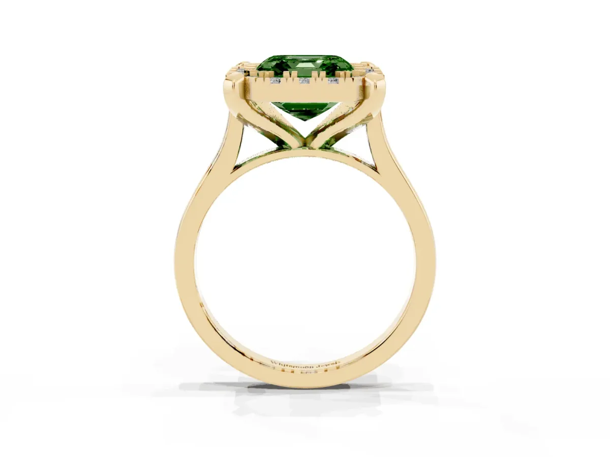 Fancy Green Asscher Cut Diamond Cluster Halo Solitaire with Four-Prong Setting Yellow gold