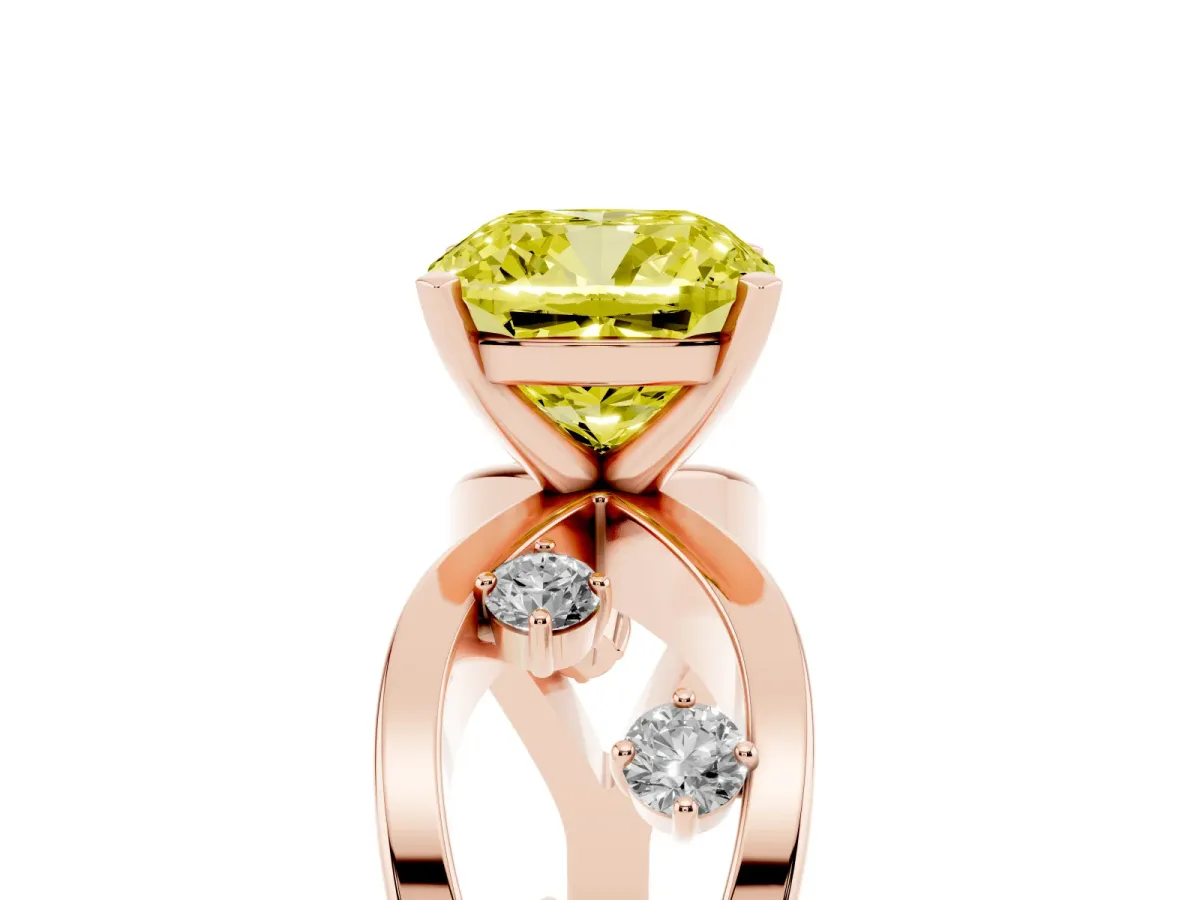 Fancy Yellow Cushion Cut Cut Solitaire Diamond with Side Stones on Criss-Cross Band and Four-Prong Setting Rose gold