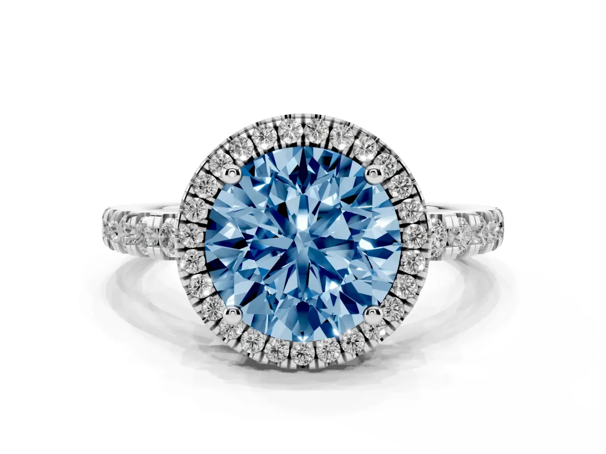 Fancy Blue Round Cut Diamond Halo Ring with Pavé Band and Four-Prong Setting Platinum