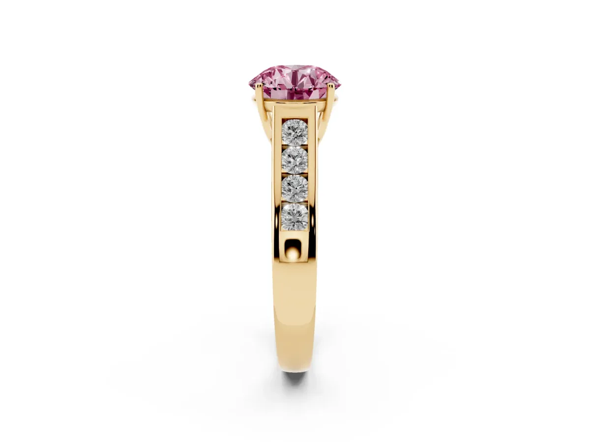 Fancy Pink Round Cut Solitaire Channel-Set Diamond Engagement Ring with Four-Prong Setting Yellow gold