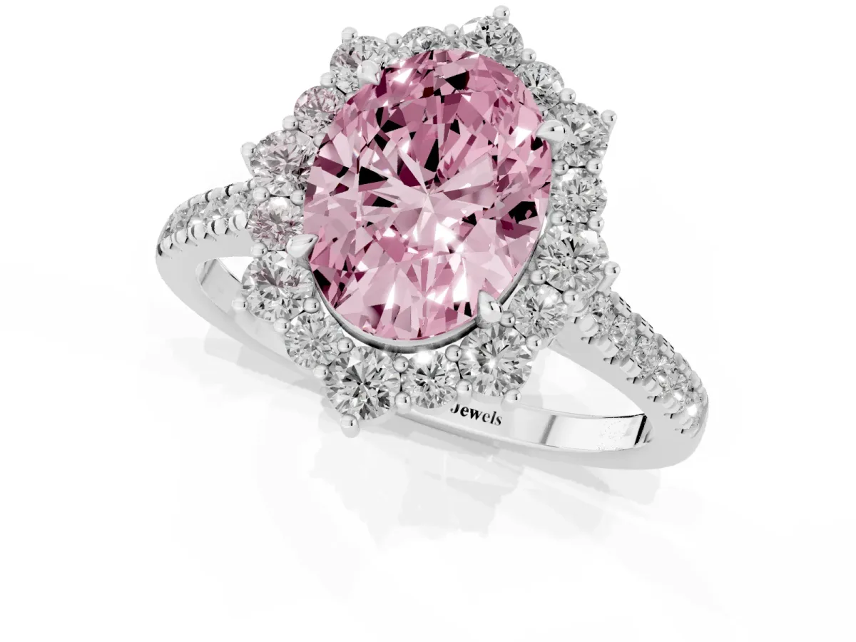 Fancy Pink Oval Cut Halo Diamond Ring with Pavé Band and Prong Setting Silver