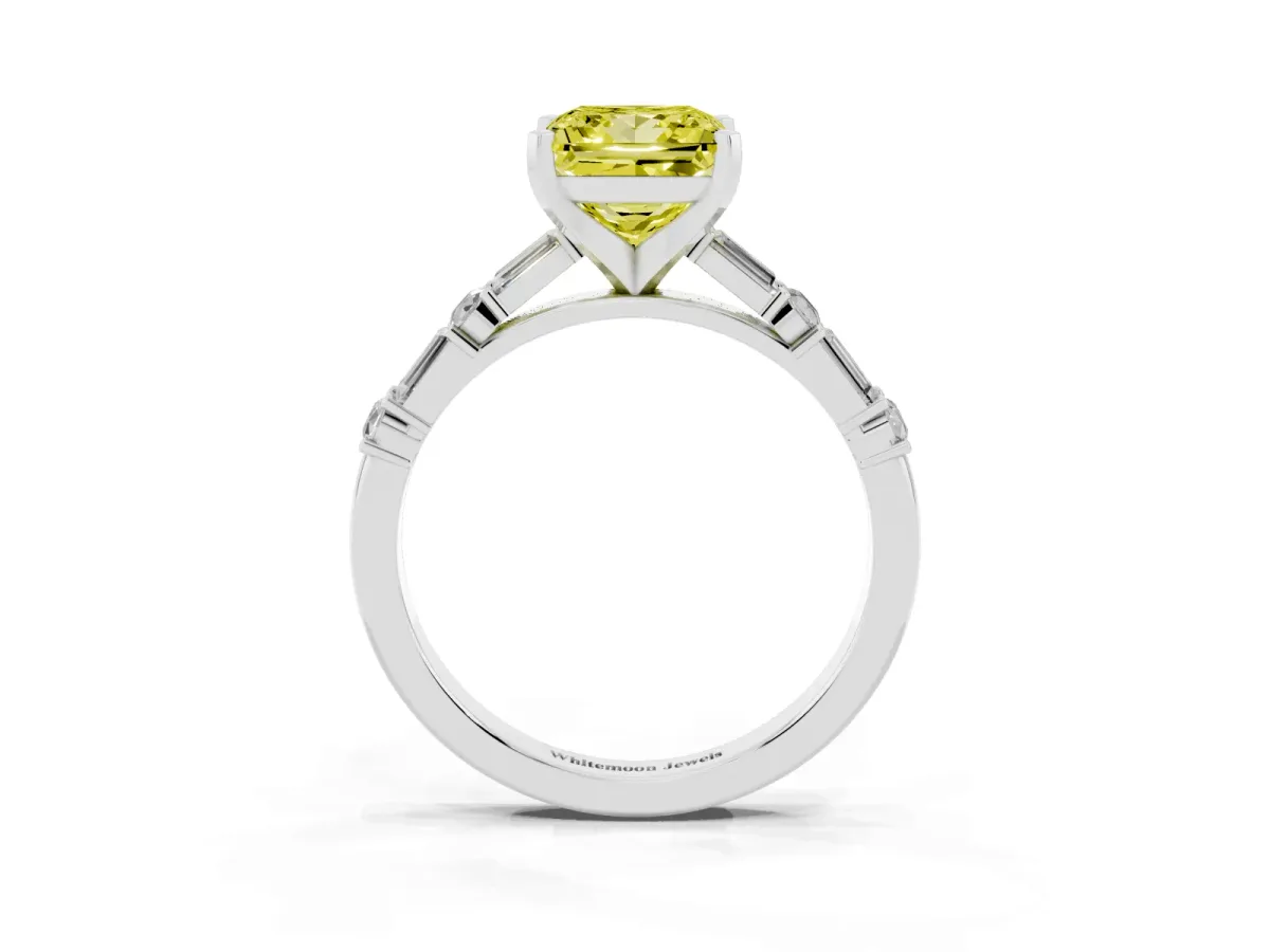 Fancy Yellow Princess Cut Diamond Solitaire with Side Baguettes and Channel Set Band Platinum