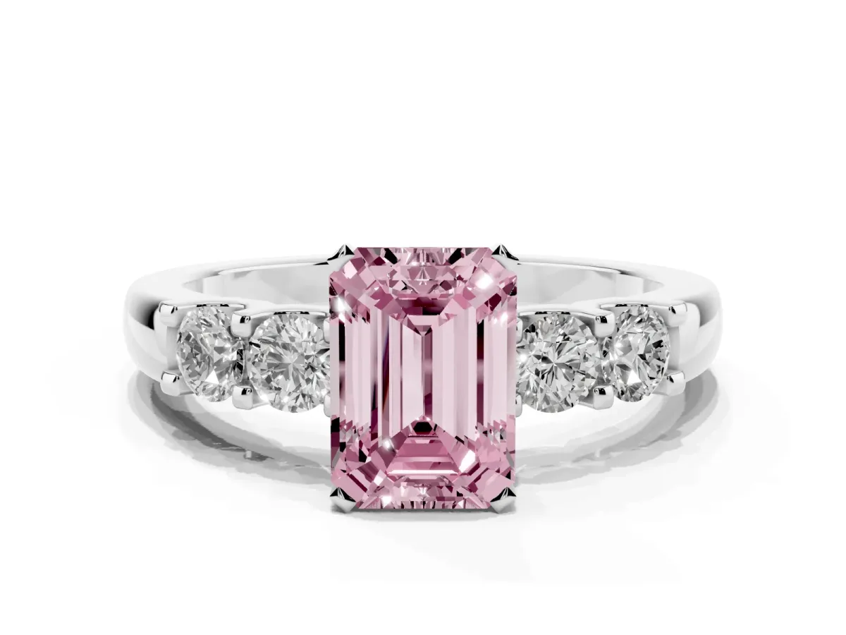 Fancy Pink Emerald Cut Brilliant Cut Diamond Five-Stone Prong Set Engagement Ring with Channel Band Platinum